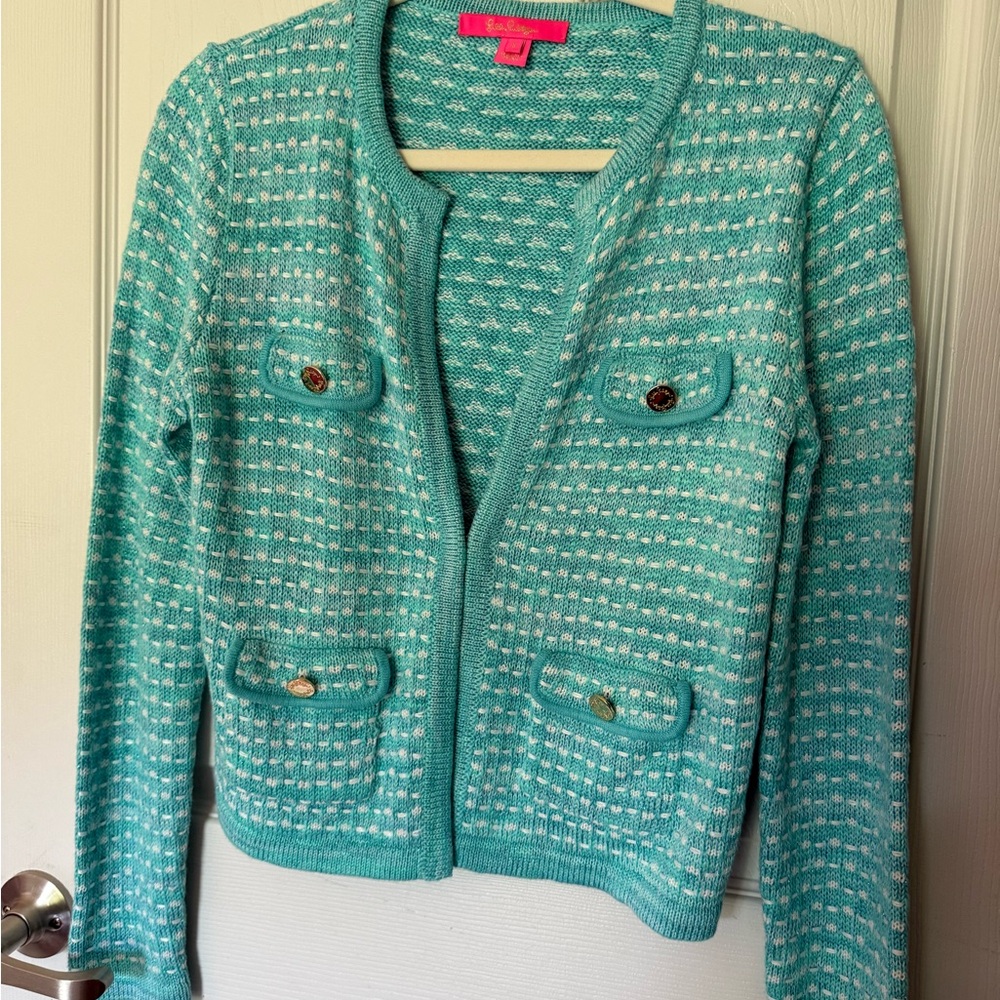 Lilly Pulitzer Kienna Cardigan Cumulus Blue Metallic Marl Size S